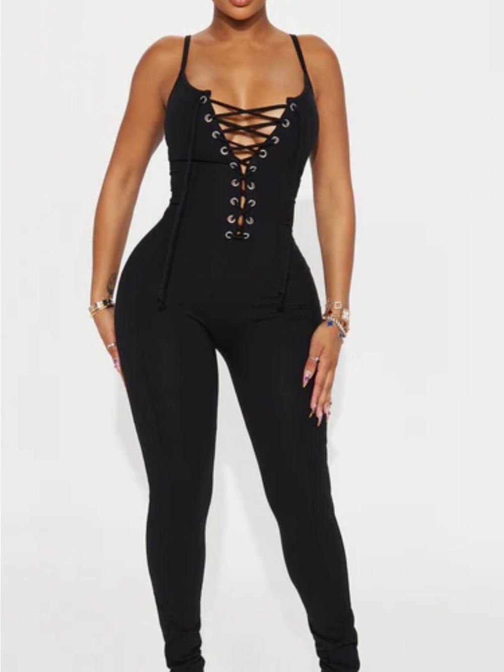 Fashion Nova Black Lace-Up Strappy Jumpsuit